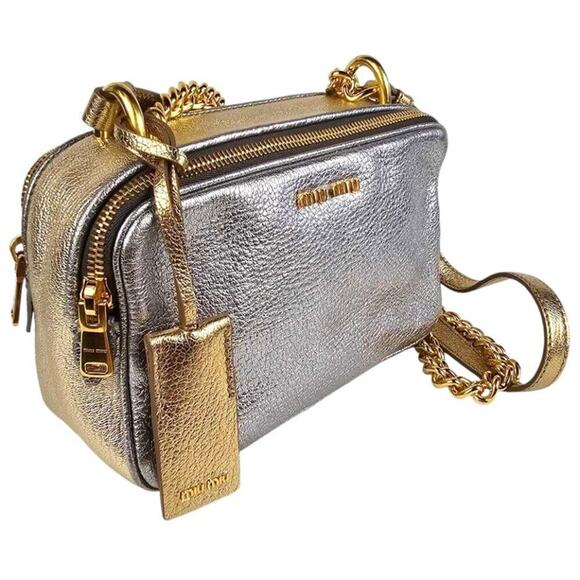 MIU MIU Metallic Silver and Gold Leather Crossbody Camera Bag Chain Strap Rare - Picture 5 of 16